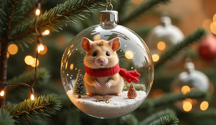Picture a whimsical scene where an ultra-cute hamster finds itself transformed into a delightful Christmas ornament. Hanging delicately from a lush, green pine branch is a transparent glass bauble housing the hamster. The interior of the bauble is a miniat...