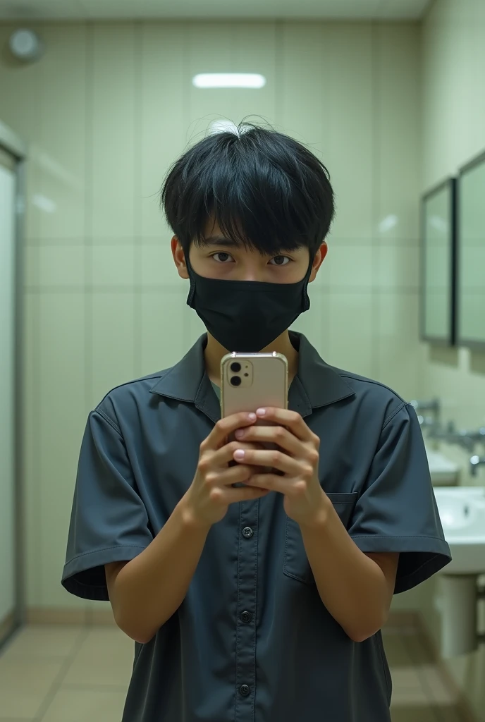 bored filipino 14y/o guy 161cm eye level hair with black mask and convenience store outfit at the mall bathroom taking a picture of his self