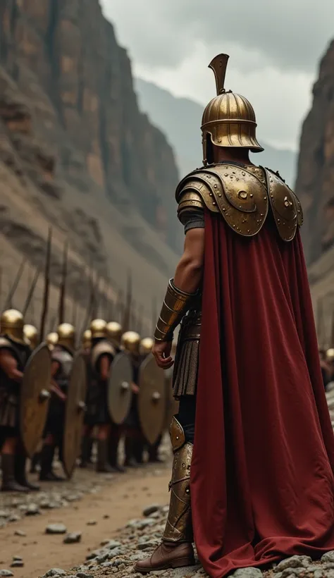 A cinematic shot of King Leonidas leading 300 Spartans in ancient Greece. The scene is set at the narrow pass of Thermopylae, surrounded by towering cliffs and an overcast sky. Leonidas stands at the front, wearing a bronze Corinthian helmet, a red cape fl...