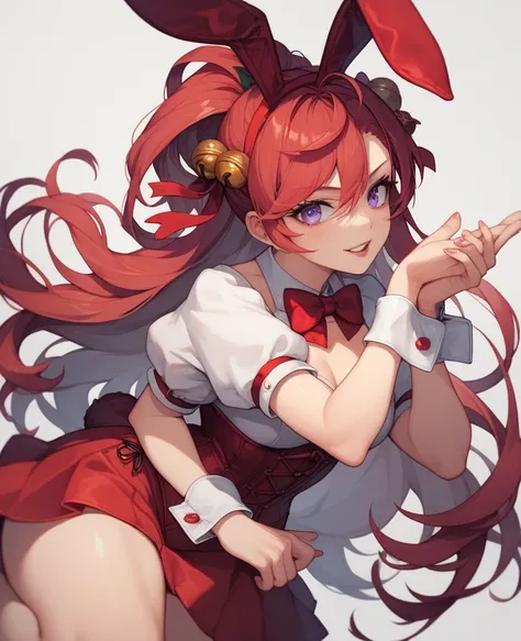 Outrageous, Best Quality, 1girl, solo, red hair, purple eyes, long hair, big, ahBunny, bunny ears, red corset, gakuran, aprons, red neck ribbons, red skirt, hair bow, short sleeves, wrist cuffs, white thighs, jingle bells