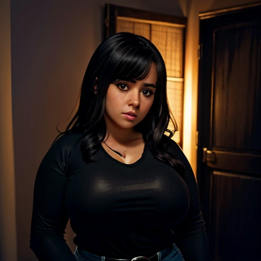 Dark nightmarish movie style, a petite cute shy innocent slightly chubby with monstously huge fat size breasts Mexican nerdy emo teen, short volumetric hair, beautiful detailed brown eyes, cutely detailed lips, super cute highly detailed eyes and face, rou...