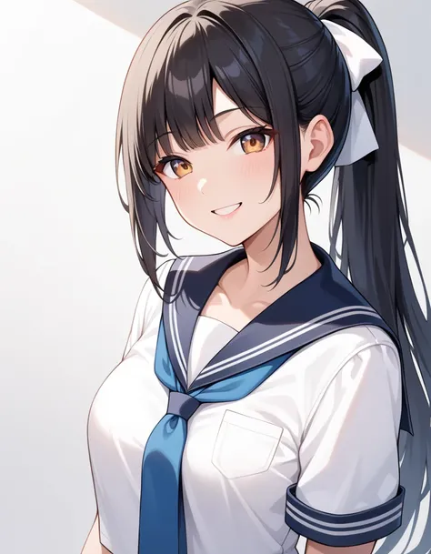 (masterpiece:1.3), (best quality:1.3), (ultra-detailed:1.3), 1girl,  Asian woman, young woman, 20 y o, black hair, long hair, ponytail, white hair ribbon, medium breasts, smile, potrait photo,  wearing sailor uniform, white  uniform, white sailor uniform, ...