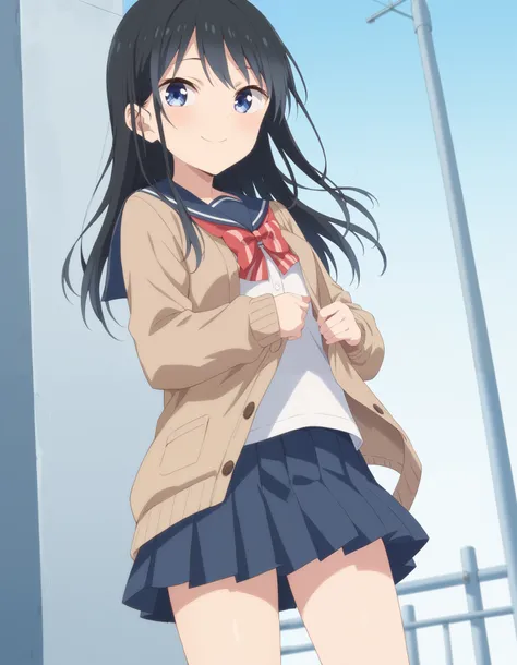 Masterpiece, hd, 1girl, Nanakura Rin, small breasts, thing leg, black hair, blue eyes, long hair, wearing sailor uniform, white sailor uniform, long sleeve,  blue sailor collar, red tie, blue pleated skirt, wearing brown cardigan, cute girl, cute character...
