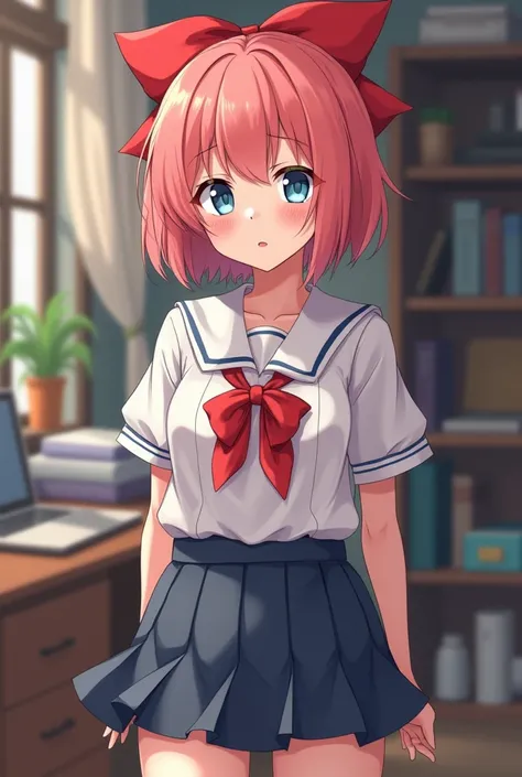 Create Sayori from DDLC, a girl, red hair bow, short hair, light blue eyes, 18 years old, coral pink hair, redesigning her as a NEET with dark circles (She sleeps very little). "A socially awkward high school girl with messy hair, dark eye circles, and a d...