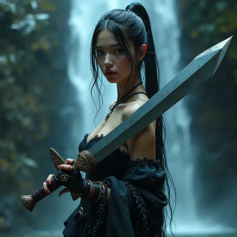 aliya_kiss_xl, 1 Female assassin. Victorian fantasy era clothing. Cleavage. Highly detailed beautiful expressive eyes ponytail hair. Detailed face. Holding a cosmic infused electric sword with leather wrapped handle. Bold colors, awe-inspiring. The water i...