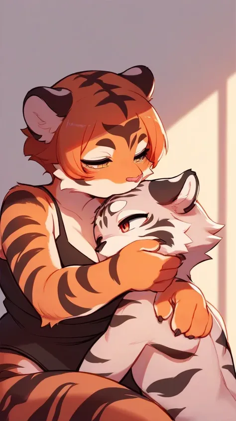 Shimajiro, the striped tiger, Shimajiro and his mother , artistic , (heart is beating fast:0.5), Twisted Maternal love , I want to hug you , erotica , Dimly lit room , euphoria , ooze , bold action , thumb , Thumb sucking