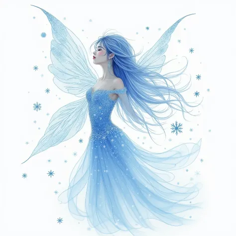 drawing in blue ink. New Years fairy with silvery eyes. a three-quarter figure. Snowflakes sparkle in her hair, she is dressed in snowflakes. aesthetics of the female body.