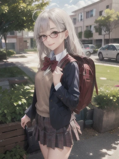 (masterpiece, best quality:1.0), realistic, highly detailed,  detail,  1girl , seiteki ni kyokutan, ahegao, high school student, white hair, long hair, braided hair, ahoge, purple eyes, glasses, UNiform, red bowtie, collared shirt, sweater vest, blazer, bl...