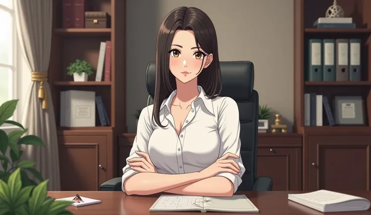  a beautiful female general manager , wear a white dress , sitting on a chair in the office  ,  anime style 
