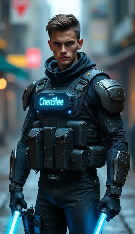  Young male soldier with athletic body ,  short hair neatly combed and dusty , Wearing a modern black combat suit with blue LED lights inscribed "Chen9lee ", on his chest shirt , tactical gloves ,  and metallic knee protector .  Holding two glowing blue en...