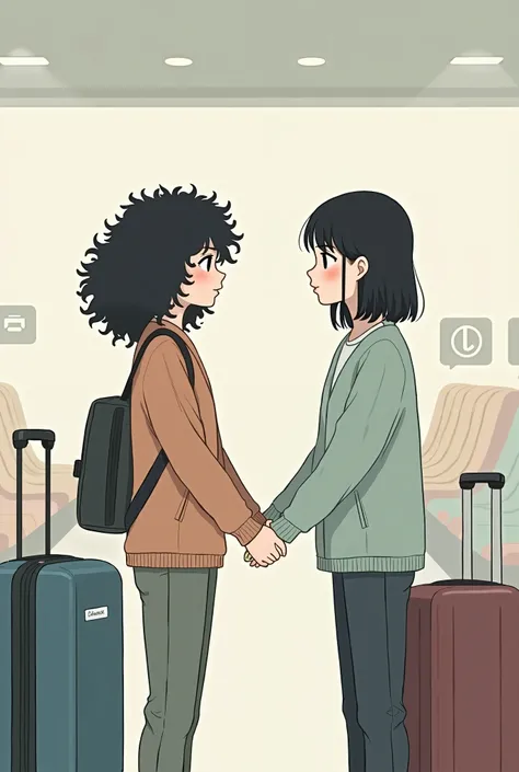  An image of 2 girls saying goodbye, one with curly black hair and the other straight black hair, minimalist style that doesnt look like anime and that in the background there is an airport  