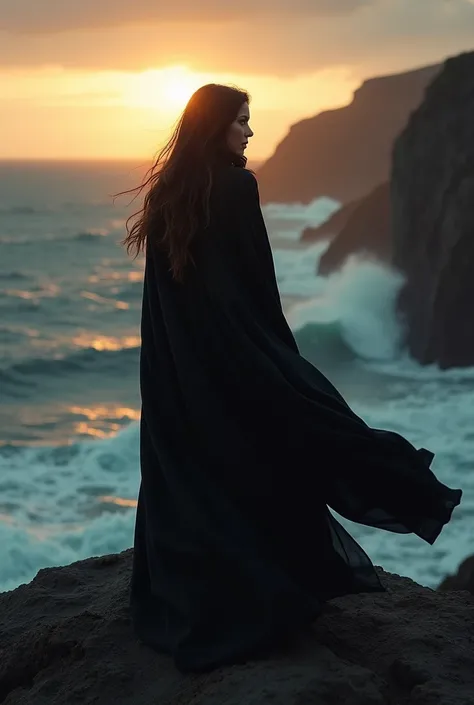 A mysterious woman stands on a cliff overlooking the ocean, her long cloak billowing as her figure is illuminated by the setting sun.