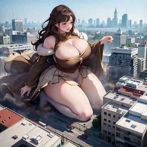 Fat Empress , Jessica Biel ,  brown hair, wavy hair with bangs (Big Breasts:1.2),  perfect body,(Plus Size:1.2),blush,  cleavage、(Court dress、accessories:1.2), full body image 　Aerial photography、 cute、Go wild 　(A giant girl destroys a big city、Crushing th...