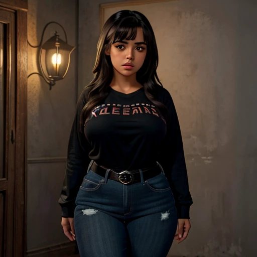 Dark nightmarish movie style, a petite cute shy innocent slightly chubby with monstously huge fat size breasts Mexican nerdy emo teen, short volumetric hair, beautiful detailed brown eyes, cutely detailed lips, super cute highly detailed eyes and face, rou...