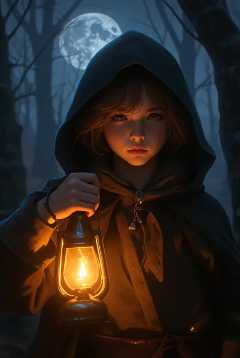 A picture of a boy with long hair, wearing a hood, holding a lantern in a dark night