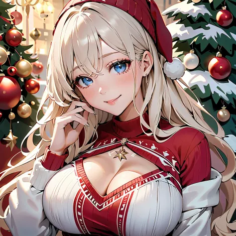  long-haired woman , albino hair, cabello blanco, cute hairstyle ,  straight hair ,  sky blue eyes,  white skin ,  blushing , smiling,  big boobs, Milf,  dressed in a Christmas sweater,  sweater with neckline , marked neckline,  protruding breasts , sexy, ...