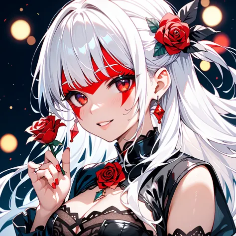 a striking beautiful anime girl with captivating red eyes. She has long black and white hair featuring bangs and a perfect blend of the color black and white half and half hair. She confidently aims a finger gun with her left hand directly at the viewer, w...