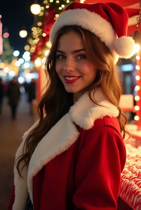 wide photo, beautiful young busty spanish french woman long hair,seeds, blue eyes, red lips, big breasts ((very big breasts : 1.4, sexy and big ass)), beautiful sexy young woman at a nightime christmas market she is wearing a beautiful red low cut open jac...