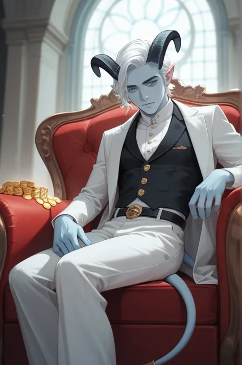  An elegant tiefling from 25 to 30 years old with pale blue skin and bright blue eyes,  sitting confidently in a luxurious red velvet armchair .  He has black horns curled backwards and disheveled white hair ,  that give him a charismatic and enigmatic air...