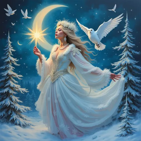 in the style of Josephine Wall, a beautiful sorceress in a winter whirlwind dress trimmed with white fur, pearls, silver threads in Rococo style, holding a shining star, winter, birds, frost,snowflakes, large, bizarre clouds 
 the crescent moon is shining,...