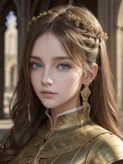   One Girl  , masterpiece,  top quality , 8k,   detailed skin texture showing the cathedral, DETAILED CLOTH TEXTURE,  beautiful detailed face photographed outdoors,   intricate details ,   ULTRA DETAIL ,  European style girl,   green eyes,  Golden curly ha...