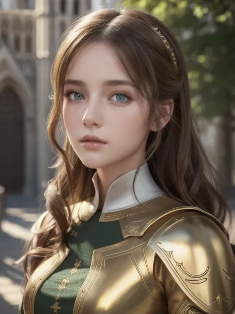   One Girl  , masterpiece,  top quality , 8k,   detailed skin texture showing the cathedral, DETAILED CLOTH TEXTURE,  beautiful detailed face photographed outdoors,   intricate details ,   ULTRA DETAIL ,  European style girl,   green eyes,  Golden curly ha...