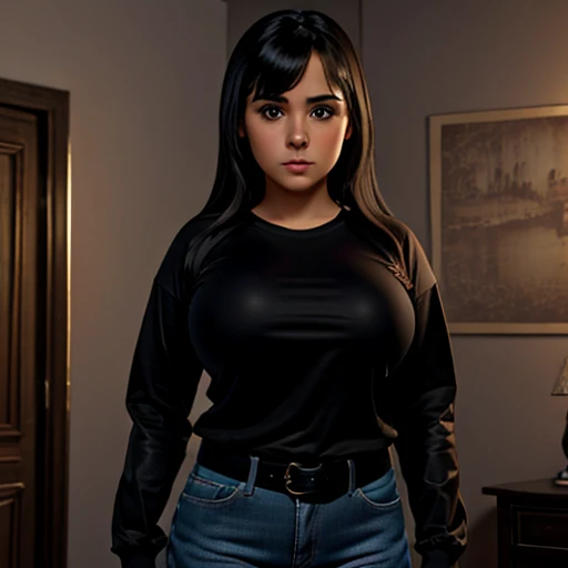 Dark nightmarish movie style, a petite cute shy innocent slightly chubby with monstously huge fat size breasts Mexican nerdy emo teen, short volumetric hair, beautiful detailed brown eyes, cutely detailed lips, super cute highly detailed eyes and face, rou...