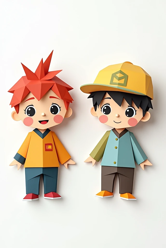 2 cute chibi boy with origami style drawing, each parts has underlying shadows to make the origami paper effect more visible. The origami style here uses simple geometric shapes and bold colours to create a paper-crafted look. It emphasizes flat surfaces w...