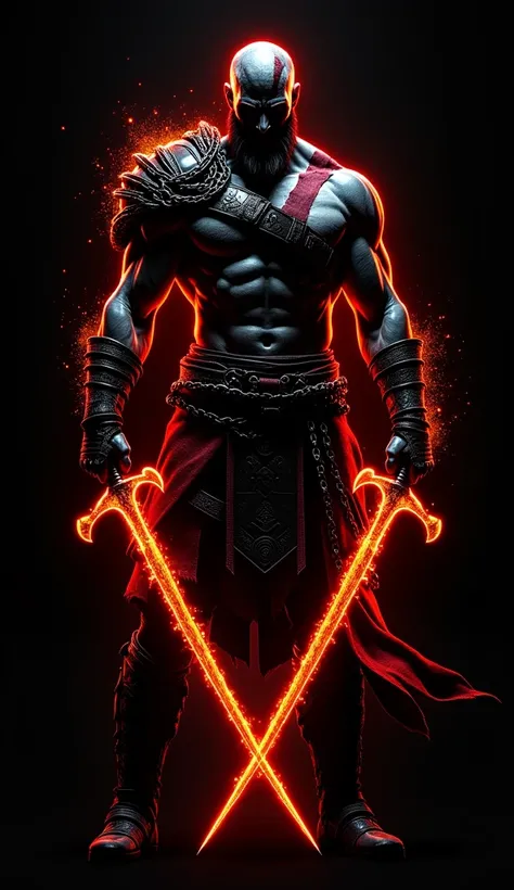  A black silhouette of Kratos with bright red and orange neon lines tracing his muscular figure and iconic armor.  The Swords of Chaos are outlined in fiery neon orange , with shiny chains spiraling around them .  Add faint sparks and shiny glyphs for a po...