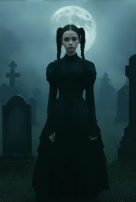 Wednesday Addams, 18 years old, pigtails, medium breasts, perfect breasts, sexy Goth Lolita, sexy, seductive, full moon, foggy, ancient graveyard background, Gothic fantasy, dark ambience, high detail, masterpiece.