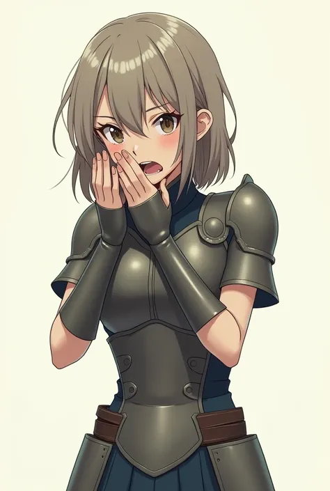 Anime girl warrior wearing minimalist armor and. Face disgusted, hands covering body, sideways view