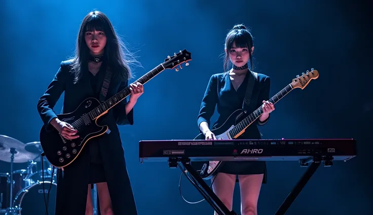 A striking and stylish image featuring two AI-generated japanese female band members with a cool and mature vibe. One is playing a sleek, dark electric guitar with an elegant pose, while the other is performing on a polished keyboard with illuminated keys....