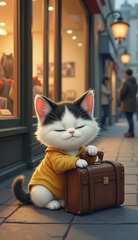  A small white fluffy kitten with black stripes is sitting leaning in front of a store in the shopping arcade.  He looks sad and confused ,  with his head slightly down and a blank stare .  Next to him is a small suitcase that is visible Obsolete ,  create...