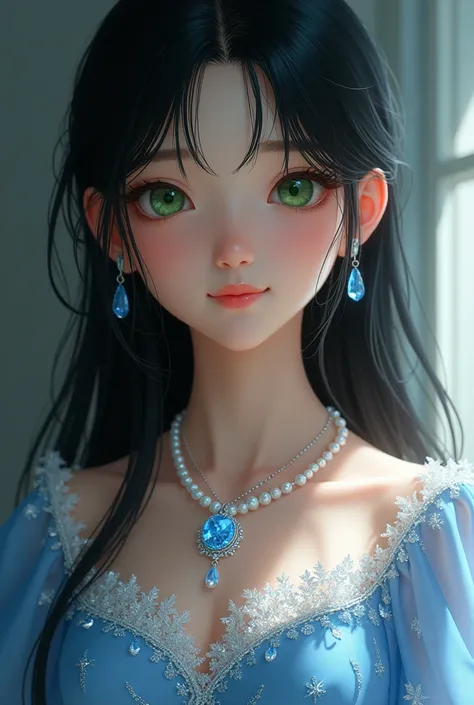 A girl black hair Long hair straight green eyes, blue dress with crystals, necklace of pearls and a snowflake-like pendant of sapphire Sonrisa ligera, Ceño fruncido, Brillar, 