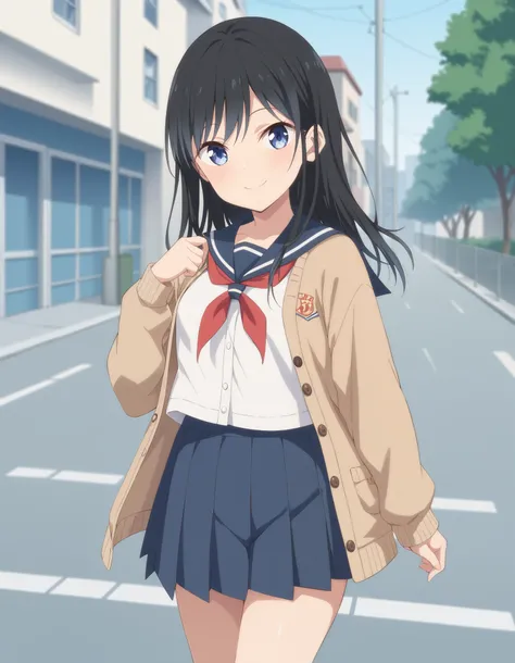 Masterpiece, hd, 1girl, Nanakura Rin, small breasts, thing leg, black hair, blue eyes, long hair, wearing sailor uniform, white sailor uniform, long sleeve,  blue sailor collar, red neckerchief, blue pleated skirt, wearing brown cardigan, cute girl, cute c...