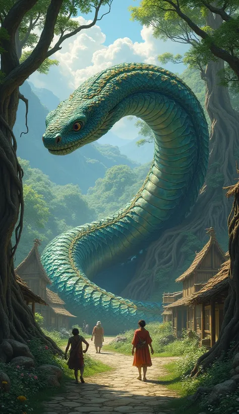 A peaceful, giant snake living near a small village, keeping predators away and allowing villagers to harvest its shed scales for trade.