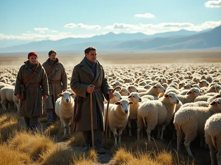 
"A massive flock of approximately 22,000 sheep covering a wide expanse of a grassy plain. The sheep are closely packed, creating a dynamic and lively scene. Three shepherds with staffs in hand are walking among the herd, dressed in traditional wool coats ...