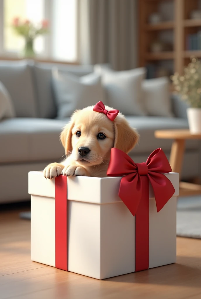 A cute 4-month-old golden retriever puppy with a pink bow on its head inside a white gift box with a red bow. This box is in what appears to be a room with wooden floors and a light gray sofa and blurred glass coffee table. Realistic.