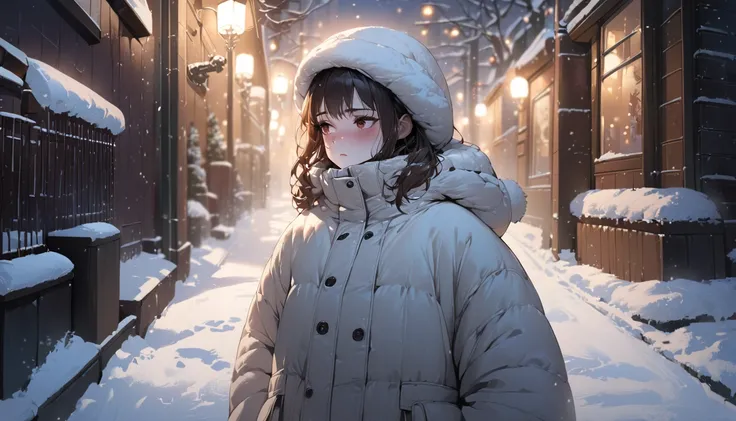 (masterpiece), (best quality), (high resolution), 1girl, tsundere, cold expression, looking away, winter coat, snowy street with christmas decorations in the background, blurred street lights, detached attitude, no one else around, realistic style, evening...