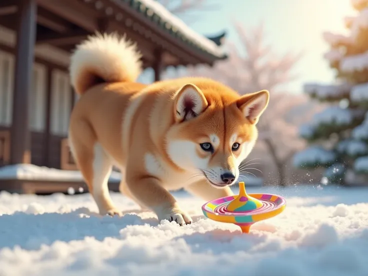 In a sunny winter yard, a Shiba Inu is intently watching a colorful spinning top on the ground. The Shiba Inu tilts its head from side to side, curiously following the movement of the spinning top. Its expression is full of curiosity, creating an overall c...