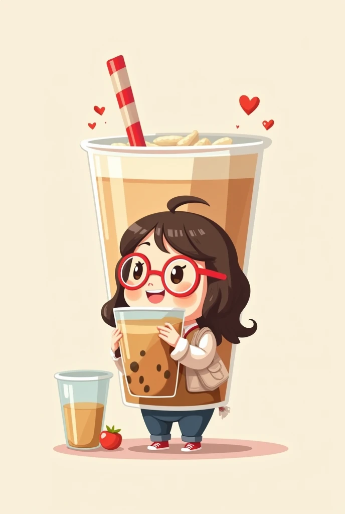 Shop Logo,, a small woman wearing glasses ,cartoon,cute, is holding a larger glass of milk tea than a non-pearl., are sucking a glass of water ,No pearls 