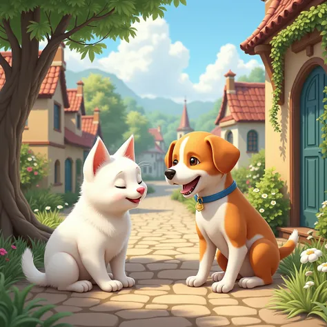 A picture of a domestic white cat and a dog living in harmony in a beautiful village.