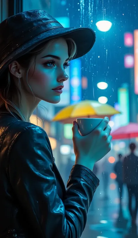   A woman looks out the window with a cup of coffee  ,   sees people walking with umbrellas in the street illuminated by a lamp,  Heavy rain  ,  , The glass has drops of water falling  ,  Chiaroscuro ,  cinematic lighting , U High definition ,  retina ,  A...