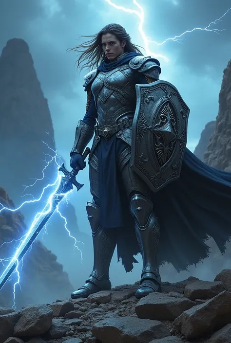 "A heroic figure stands tall on rugged, rocky terrain, surrounded by a stormy backdrop of flashing lightning and roaring thunder. The heros body is encased in advanced, full-metal armor that gleams with intricate, futuristic designs, blending ancient craft...