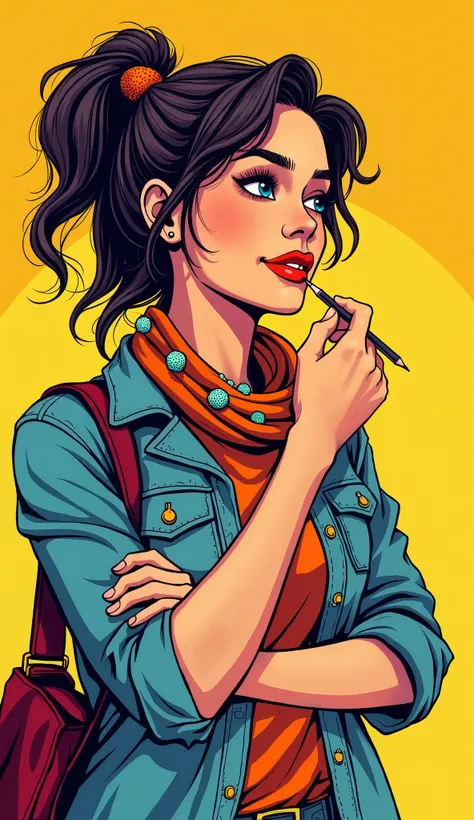 Create a vibrant comic-book-style image of an adult American woman exuding creativity. She wears casual, discreet clothing with an artistic flair—perhaps a scarf, unique patterns, or colorful accessories. She is happy and appears thoughtful, holding a penc...