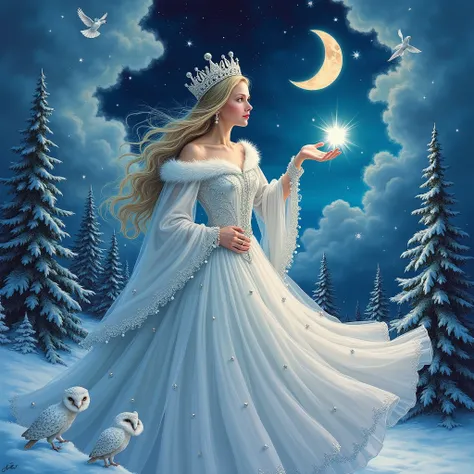 in the style of Josephine Wall, a beautiful sorceress in a winter whirlwind dress trimmed with white fur, pearls, silver threads in Rococo style, holding a shining star, winter, birds, frost,snowflakes, large, bizarre clouds 
 the crescent moon is shining,...