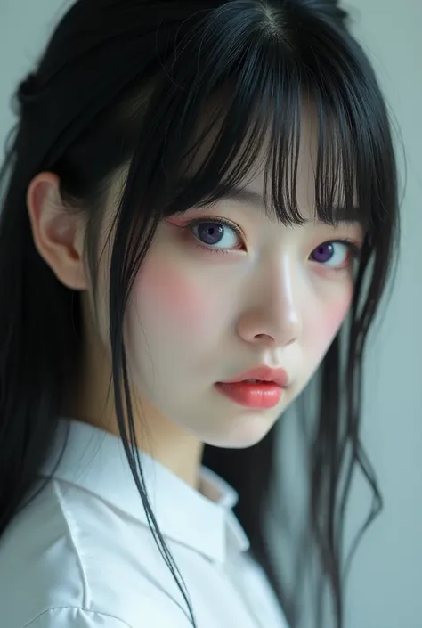 A girl with very white skin,  with black hair and highlighting her purple eyes ,  she is dressed in a white woman and a blond doctor with a fringe forward on her forehead, serious but very handsome face with green eyes , both as realistic to a human as pos...