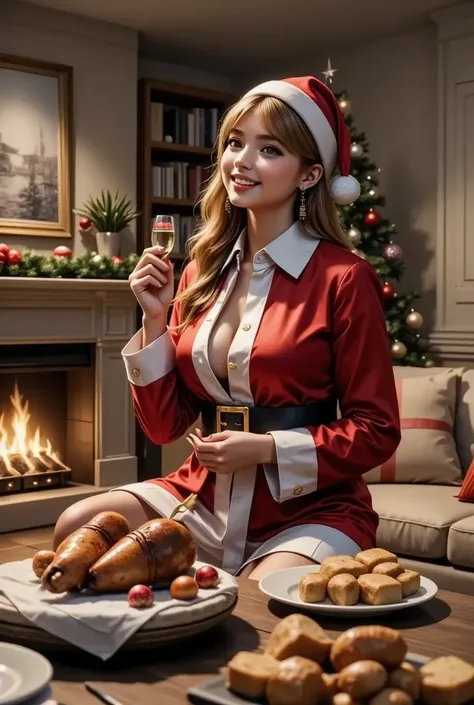  Christmas、One woman、 Christmasの夜、 mini Santa costume、In the living room、In front of the fireplace、 Christmasツリー、Roasted chicken legs、Arrange the treats on the table、 warm atmosphere 、 Christmasの飾りつけ、