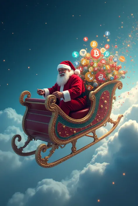 An image of Santa Claus going to the sky with a sleigh full of Beat Pepe Doji Ether Solana Ripple