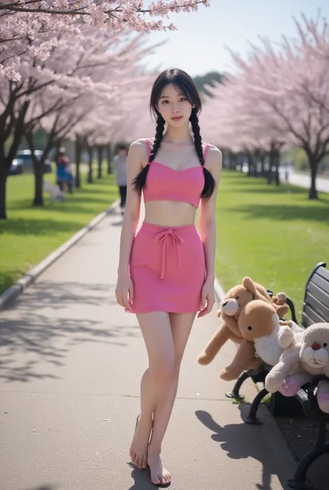  In the tranquil surroundings of Ueno Park on a bright spring day, a Korean woman stands on a walkway flanked by blossoming cherry trees. Her long black hair is playfully braided and adorned with charming ornaments that catch the sun filtered through pink ...